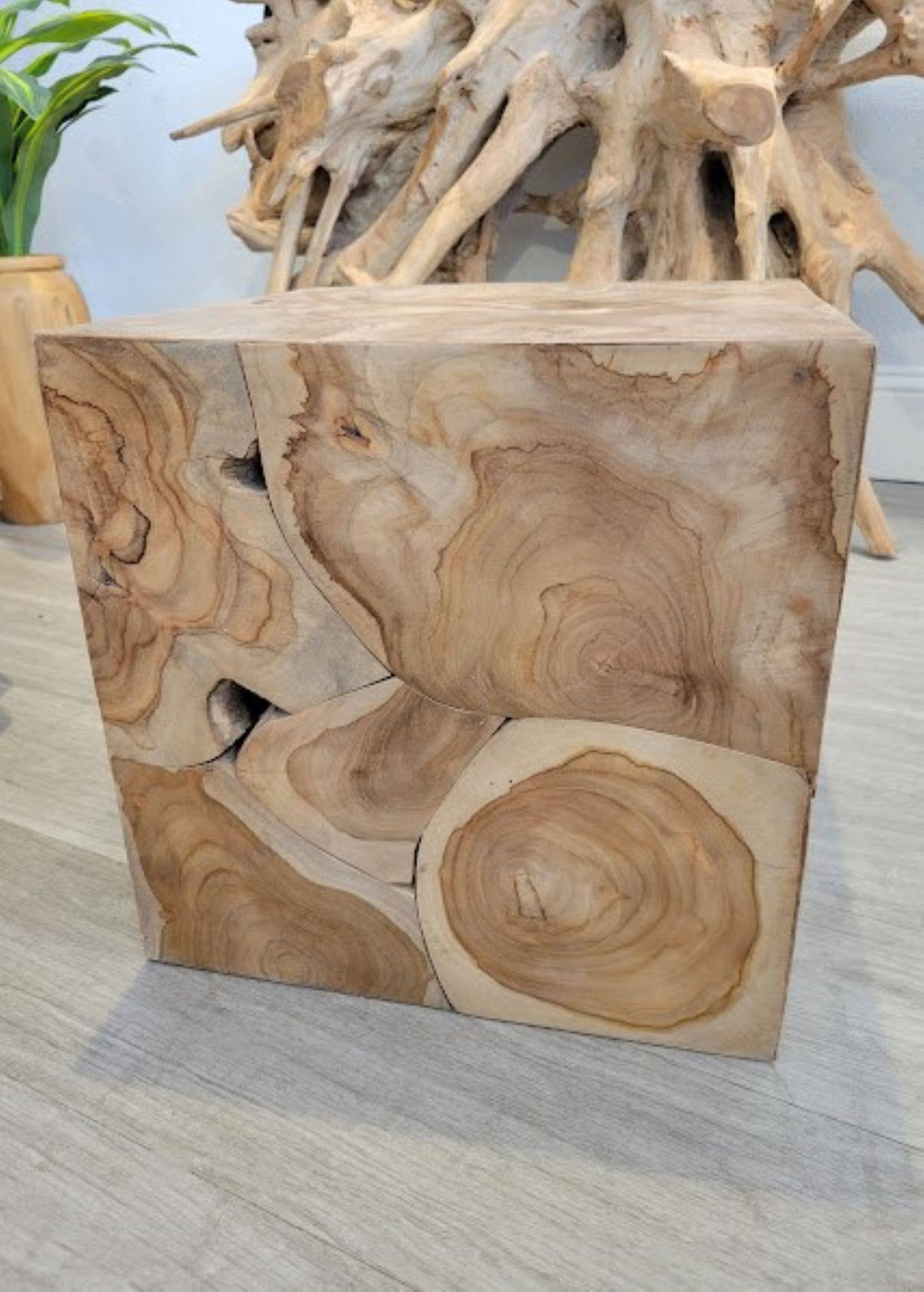 Storied Roots - Wholesale Side Table - Teak Block Display Table - 16 in Cube3