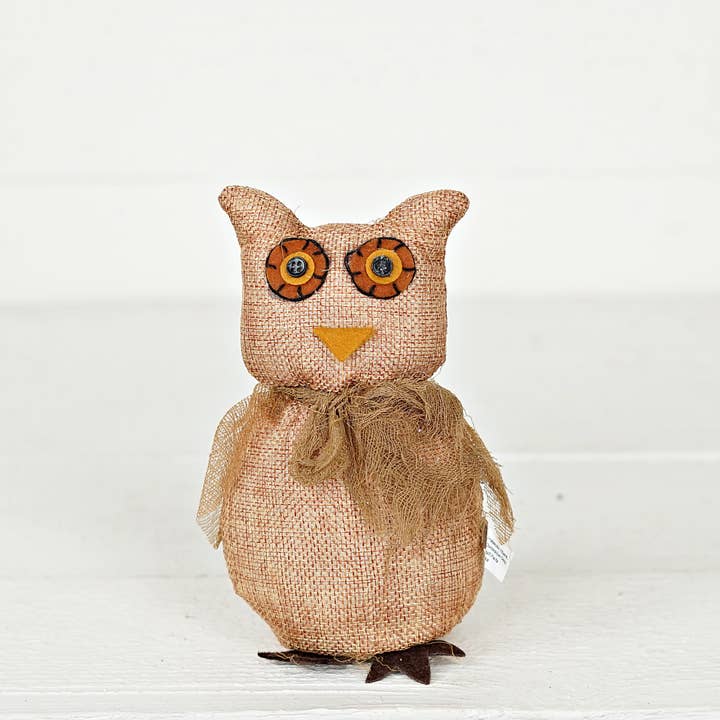 M6134-6.5inH Burlap Owl Sitter for wholesale by Holiday Depot Inc.