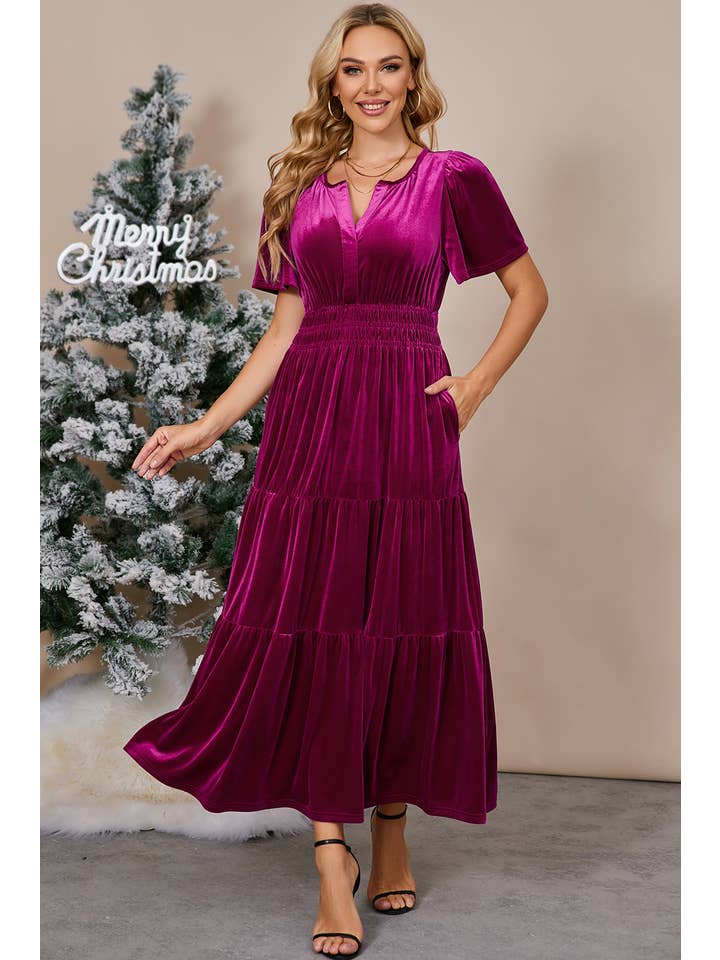 Aapparella - Wholesale Dress - Women's - Chic Velvet Shirred Waist Tiered Fall Maxi Dress | S-XL