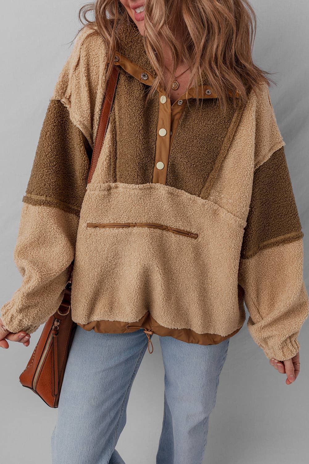 Straw Yellow LALALOO Colorblock Sherpa Patchwork Half Button Sweatshirt for wholesale on Faire3