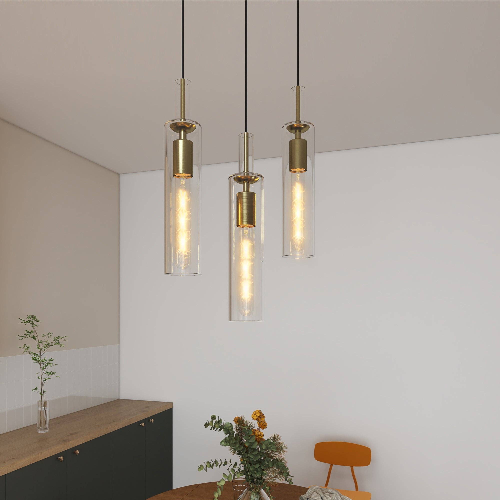 39F Inc. - Vente Lustre/Suspension - Lot de 3 suspensions dorées style ferme moderne avec abat-jour en verre1