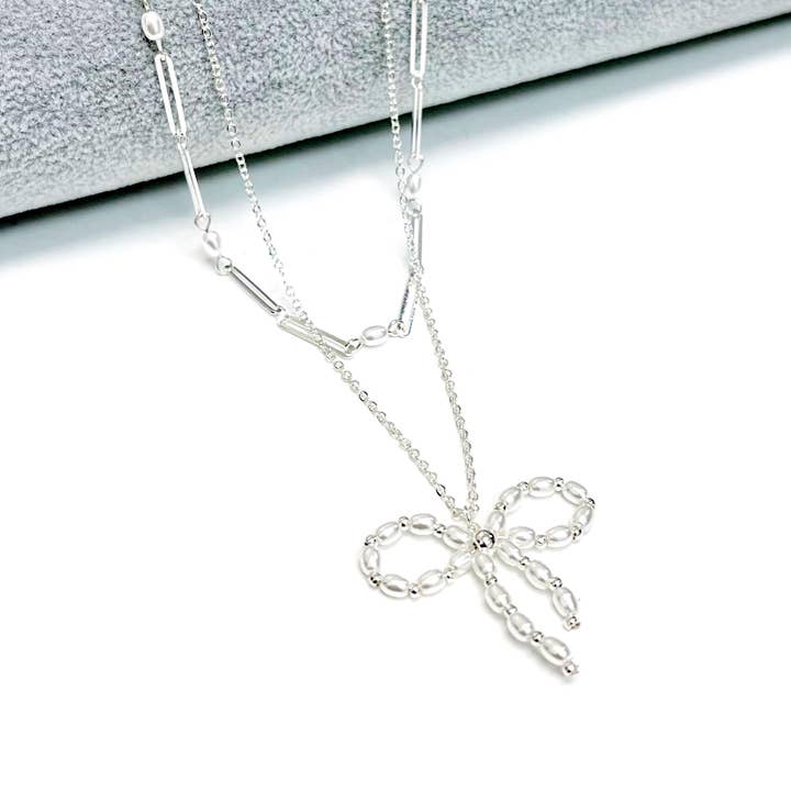 StarryNYC - Wholesale Pendant/Charm Necklace - Pearl Beaded Bow Pendant 2 Row Layer Chain Necklace