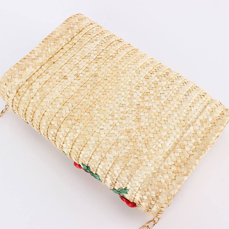 CARAMEL Cherry Detail Straw Clutch with Chain Strap for wholesale on Faire3