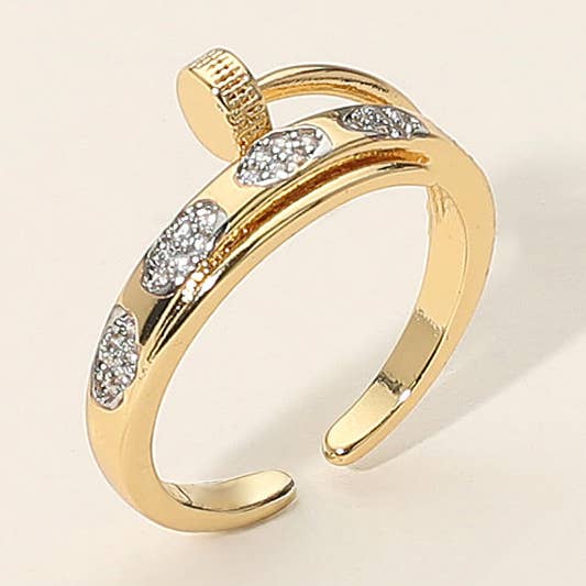 SECRET BOX_14K Gold Dipped Rhinestone Pave Accented Nail Shaped Adjustable Ring for wholesale by Sensibling Corp.