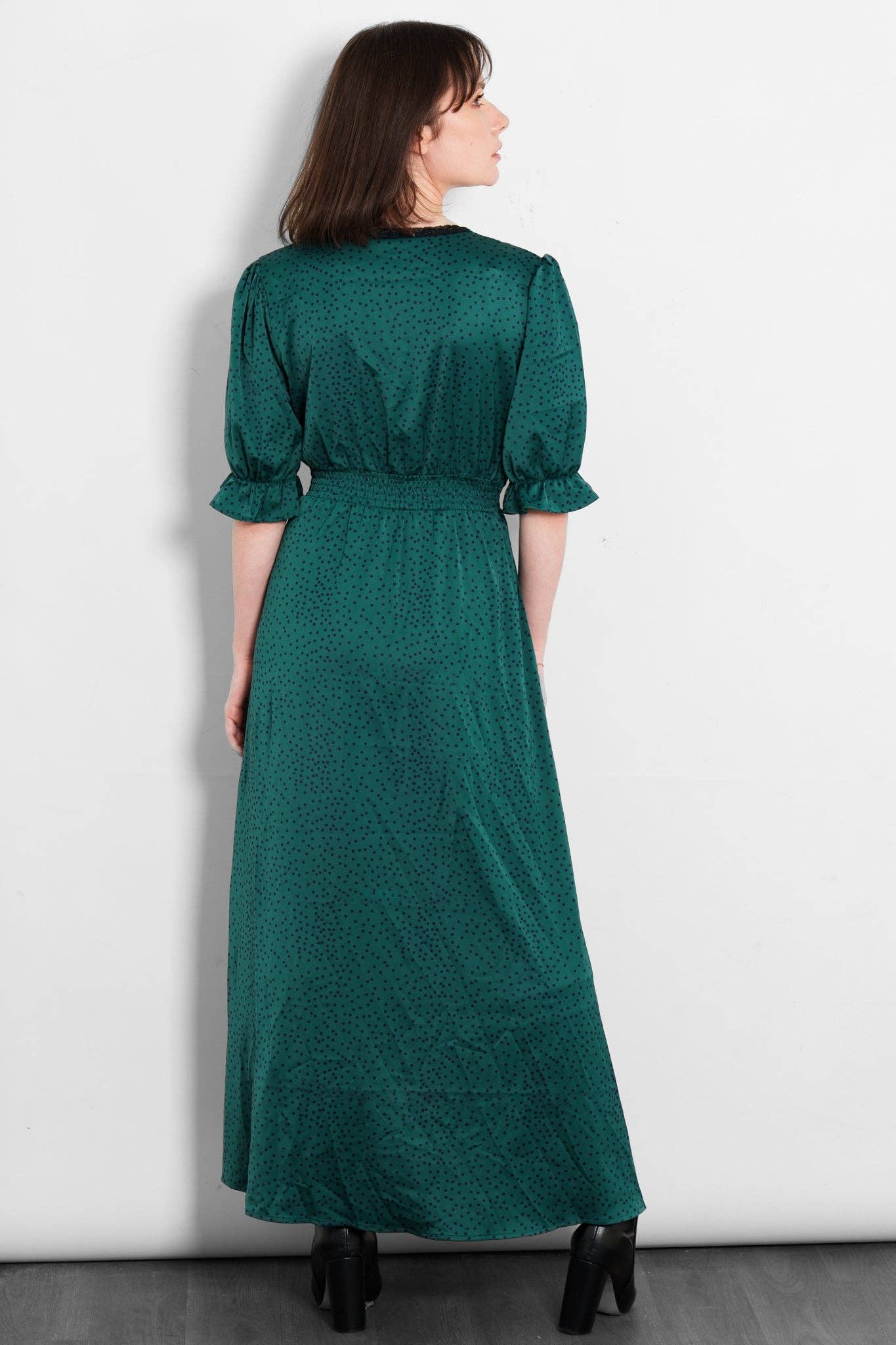 Sarta – wholesale Dress – Women's – Elise V-Neck Tea Dress- Green/Teal, Polka Dot3