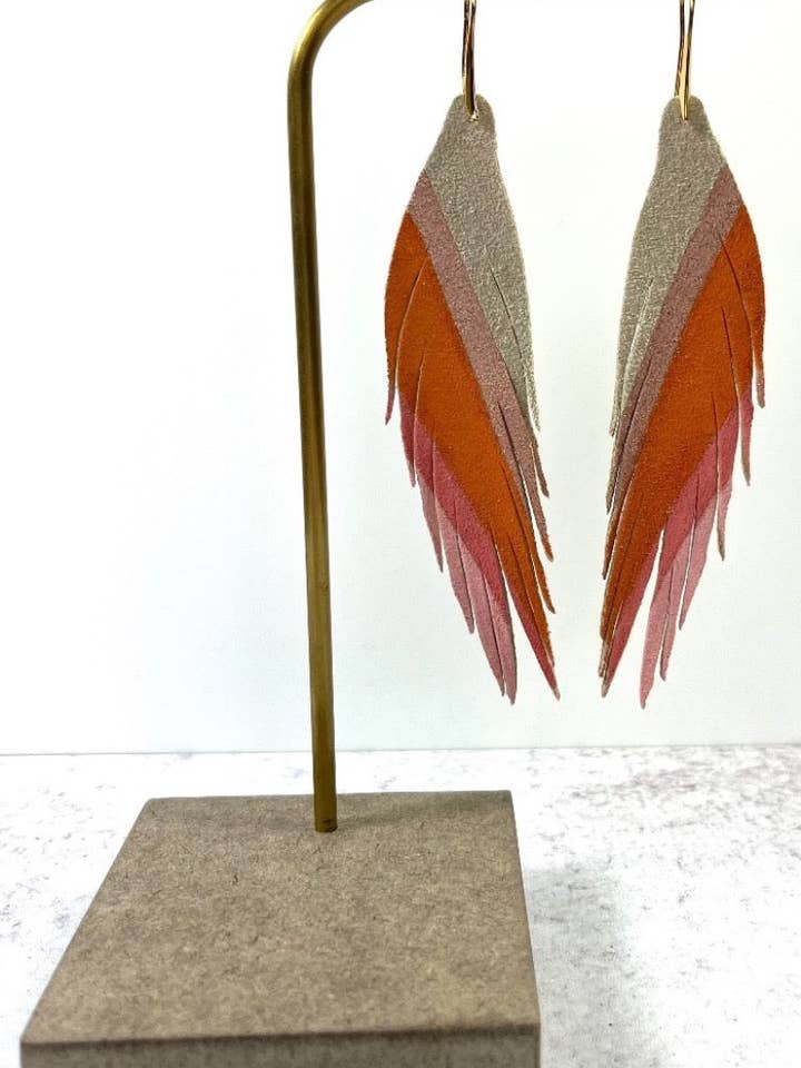 Diagonal Stripe Leather Earrings - Gold/Buttercup Orange/Vin for wholesale by The Supply Society