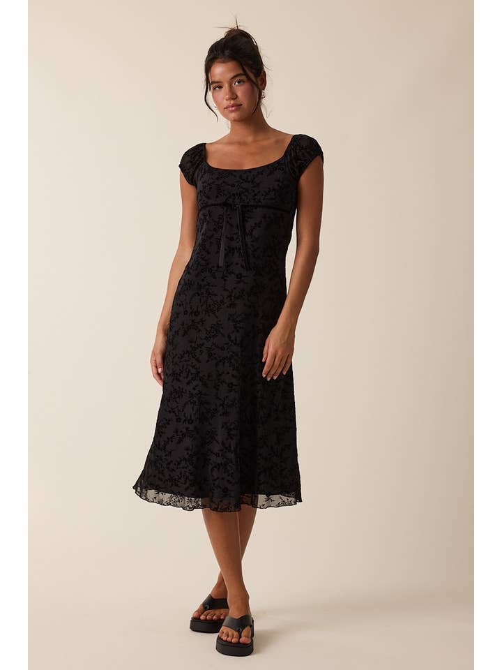 Sky to Moon - Wholesale Dress - Women's - BURNOUT VELVET CAP SLEEVE LAYERED MIDI DRESS