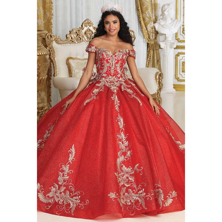 BOLA DE QUINCEANERA COM BORDADO DOURADO E OMBROS DESCOBERTOS por atacado de Babyfox Apparel