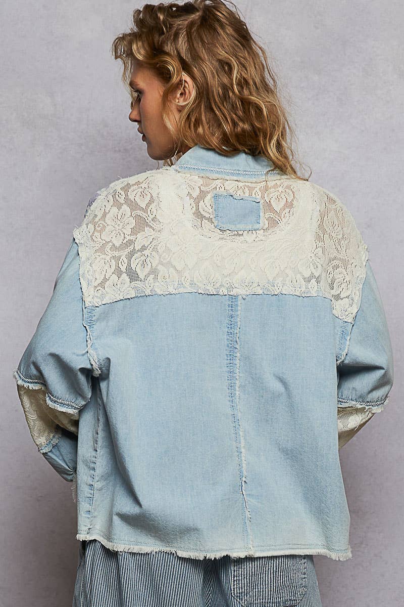 Pol Clothing - Wholesale Shirt Jacket/Shacket - Women's - Balloon sleeve printed woven mixed denim shacket SALE3