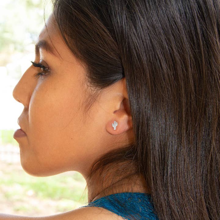 Silver Stars Collection - Wholesale Stud/Post Earrings - Small Polished Saguaro Cactus Stud Earrings