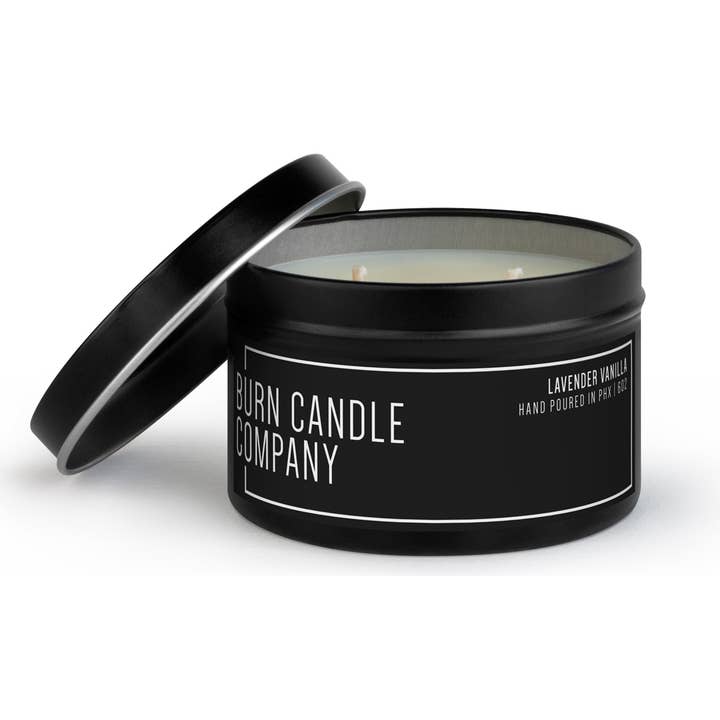 Lavender Vanilla | Dual Wick | 8 oz Black Tin for wholesale by Burn Candle Company