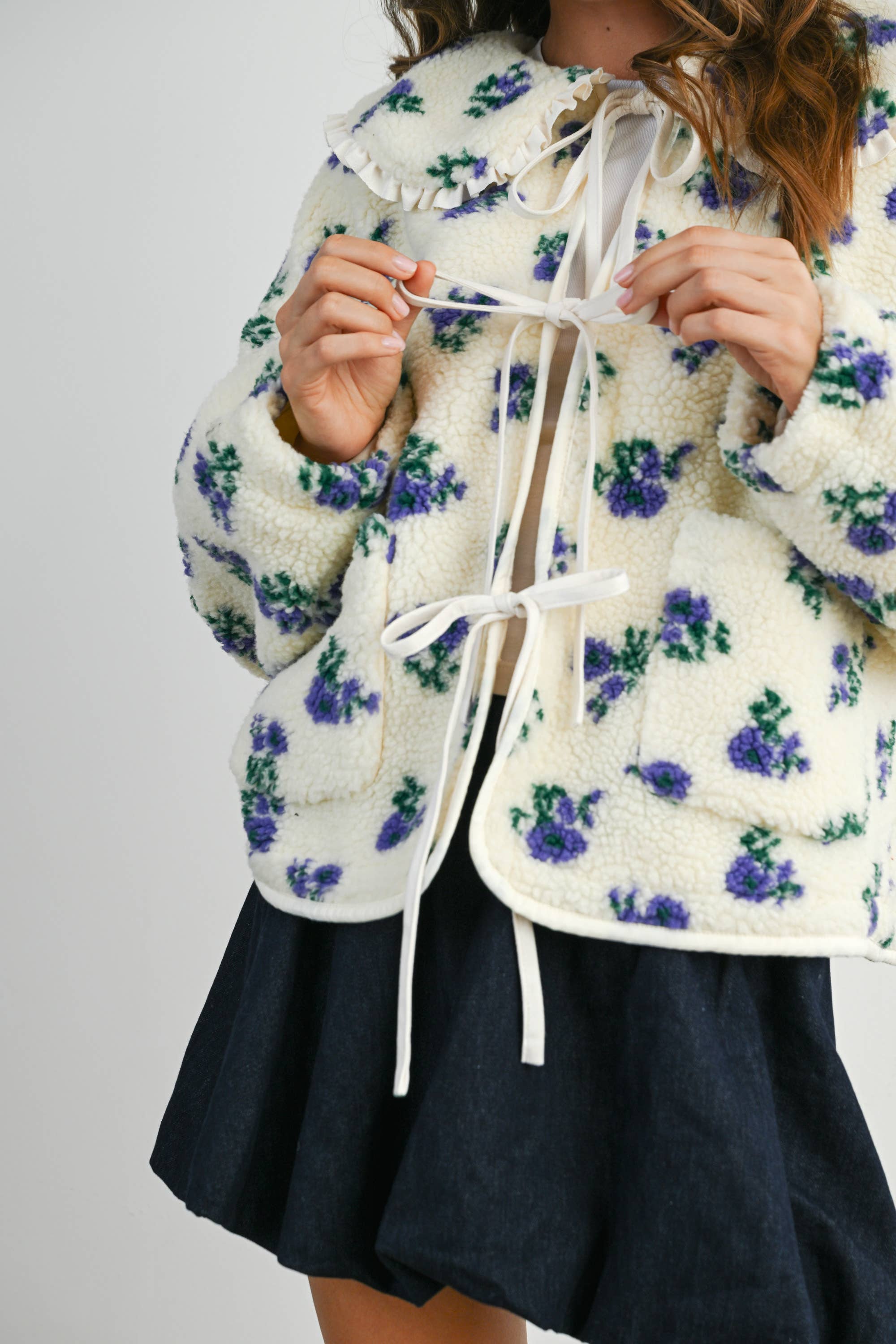 BUTTERMELON - Wholesale Jacket - Women's - Floral Puffy Tie-Front Long Sleeve Jacket - BMJ78413