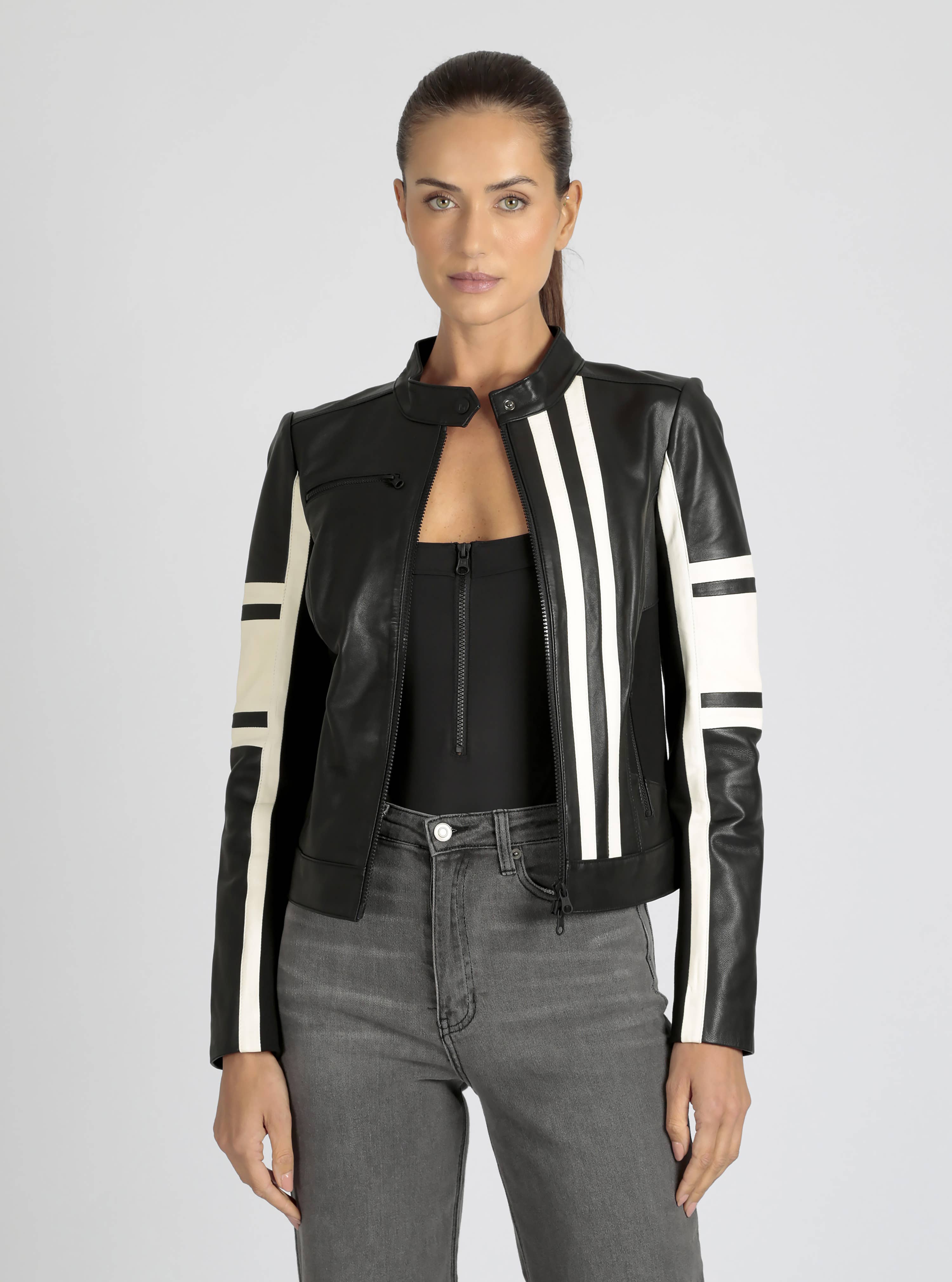 Blanc Noir - Wholesale Leather Jacket - Women's - Claudine Leather Racer Jacket JLS9