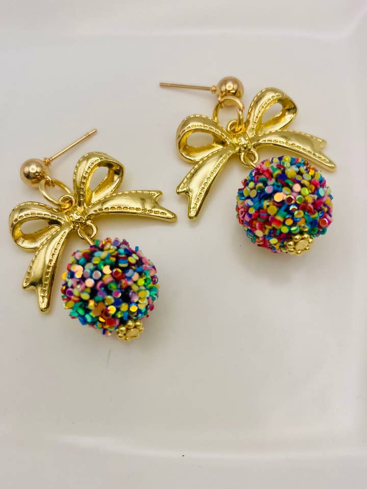 Golden Confetti Bow Drop Earrings – Hypoallergenic Luxury for wholesale by Sandy Lou Designs
