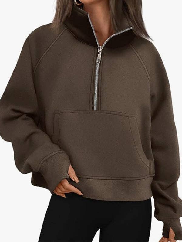 Långa ärmar Lösa fickor Enfärgad Delad Dragkedja Stativ Krage Tröjor för wholesale av StyleGalX