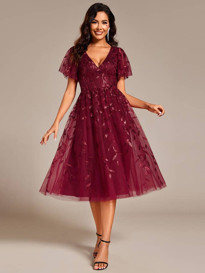 Ever-Pretty - Wholesale Dress - Women's - Exquisite Ruffles Sleeve Tulle Sequin Dresses