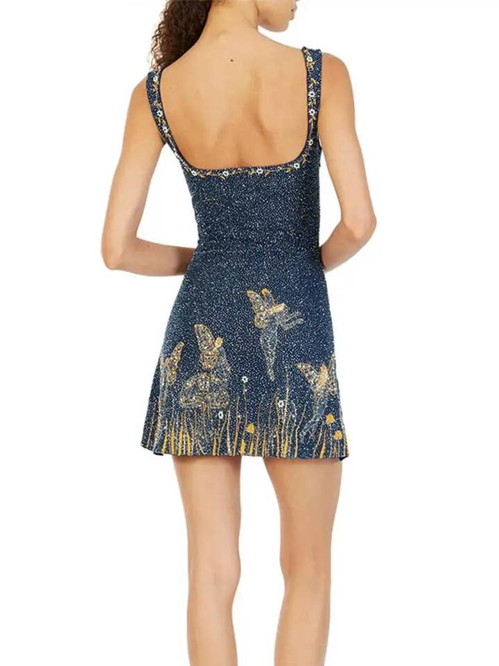 Blue Sun Goddess Fairy Embroidered Crystal Strap Mini Dress for wholesale on Faire8