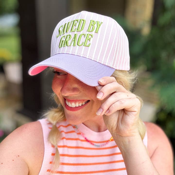 Taylor Elliott Designs - Wholesale Baseball cap – Women's - Embroidered Baseball Cap - "Saved by Grace" - Pink + Purple1