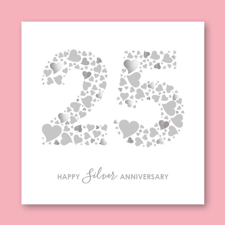 Silver 25th Anniversary Card with Love Hearts for wholesale by mrs L cards
