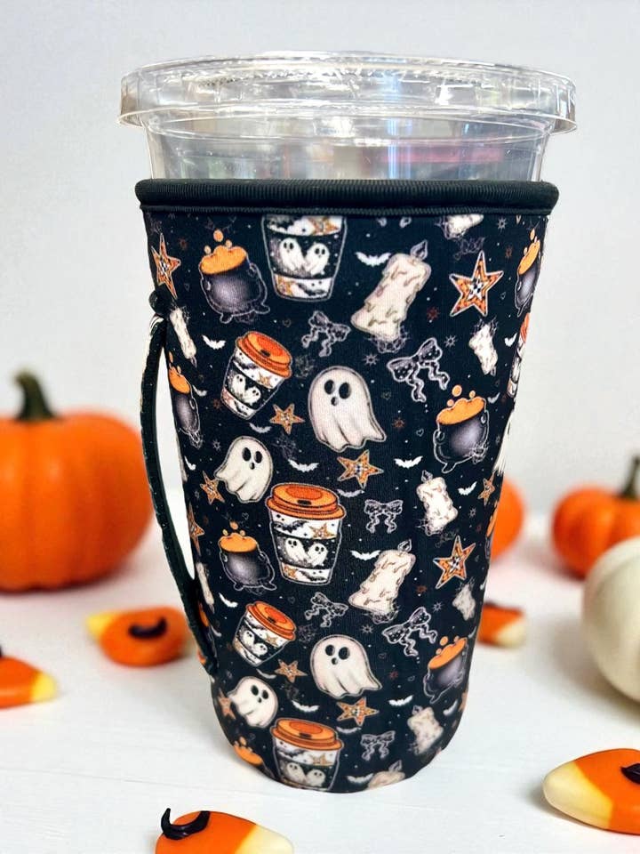 30 OZ Black Ghostly Fun Insulated Cup Cover Sip Sleeve Fits 30-40 OZ Cups for wholesale by Sip Sleeves ~ Insulated Cup Sleeves and Drink Accessories