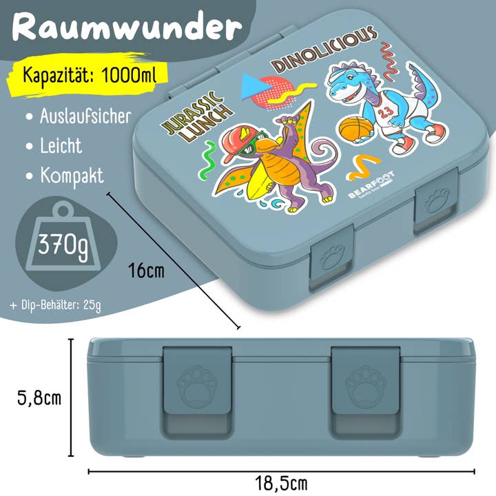 BEARFOOT – Engroshandel Madpose/-kasse – Børn – Madkasse med rum, let og lækagesikker - blå dinosaurer4
