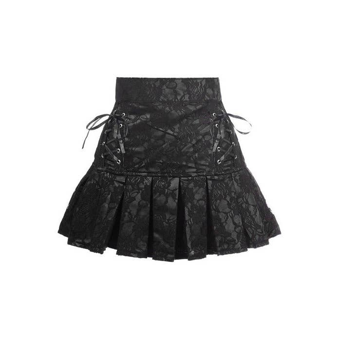 Sort Satin m/sort blonder Overlay Lace-Up Nederdel for engroshandel hos Daisy Corsets