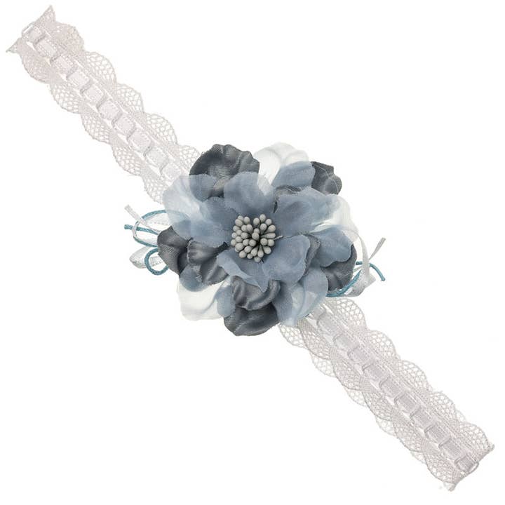 Bandeau en dentelle pour bébé avec fleurs et rubans pour la vente par Siena Hair Accessories