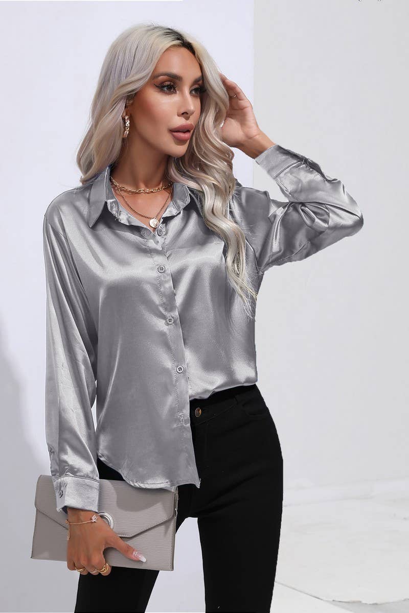 NINEXIS - Wholesale Button Down Shirt - Women's - CWTBLL0690_Button Down Silky Satin Long Sleeve Top58