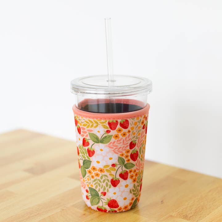 Elyse Breanne Design - Wholesale Drink Huggers & Koozies - Strawberry Patch Drink Sleeve Iced Coffee Koozie Drink Cover3