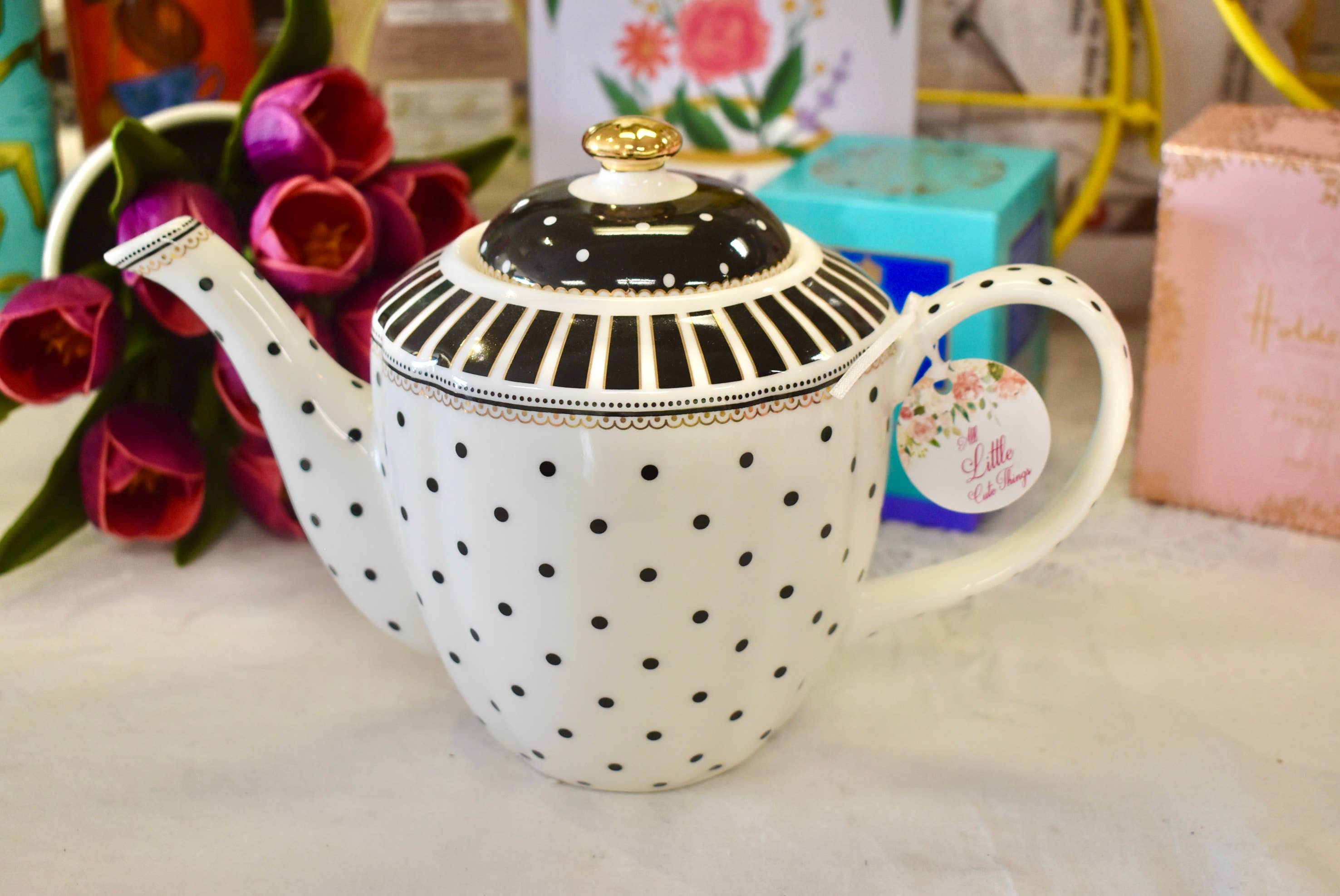 All Little Cute Things - Wholesale Tea Pot - Teapot White with Black Polka Dots and Stripes1