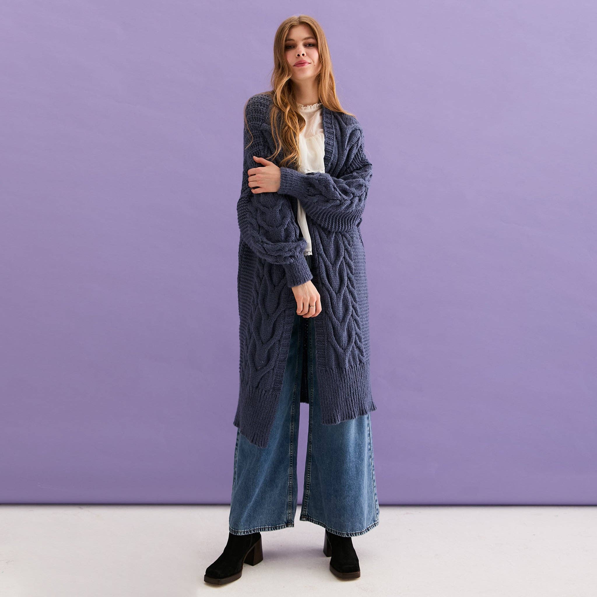 Cara & The Sky - Wholesale Cardigan - Women's - Alex Cable Balloon Sleeve Maxi Cardigan - Denim4