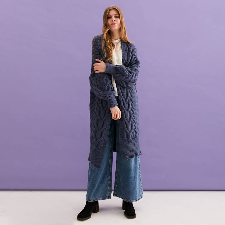 Cara & The Sky - Wholesale Cardigan - Women's - Alex Cable Balloon Sleeve Maxi Cardigan - Denim4