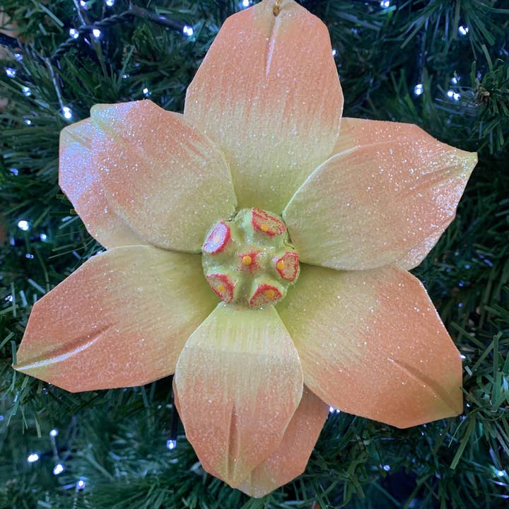 Poinsettia apricot Christmas ornament hand made hand carved for wholesale by Erik & Mike