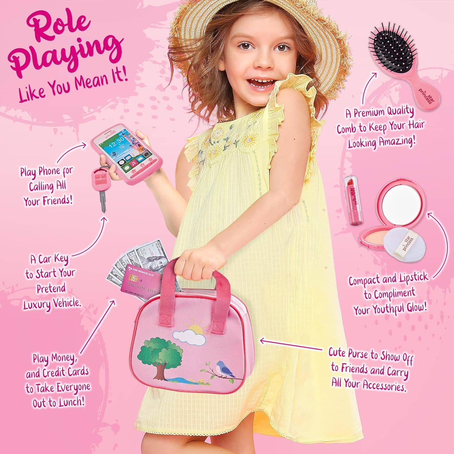 Stargo Brands Llc – Conjunto de brinquedos - Crianças por atacado – Meu primeiro conjunto de bolsa de brincar com dinheiro de mentira e acessórios para meninas6