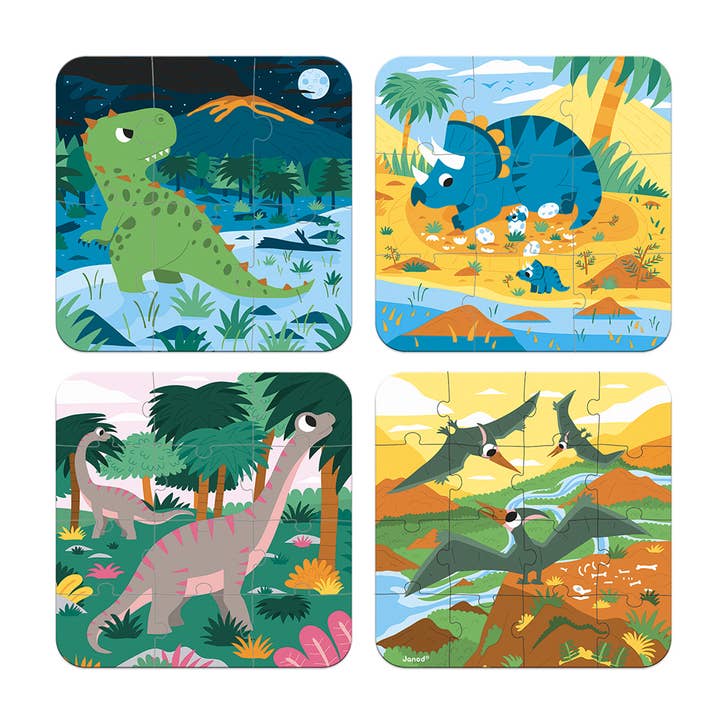 Janod - Wholesale Puzzle - Kids - 4 Progressive Jigsaw Puzzles | Dinosaurs | 6,9,12&16 Pieces