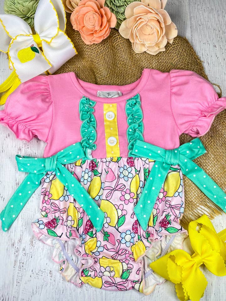 Pink Lemon Berry Girls Bubble Romper for wholesale by The Hair Bow Company