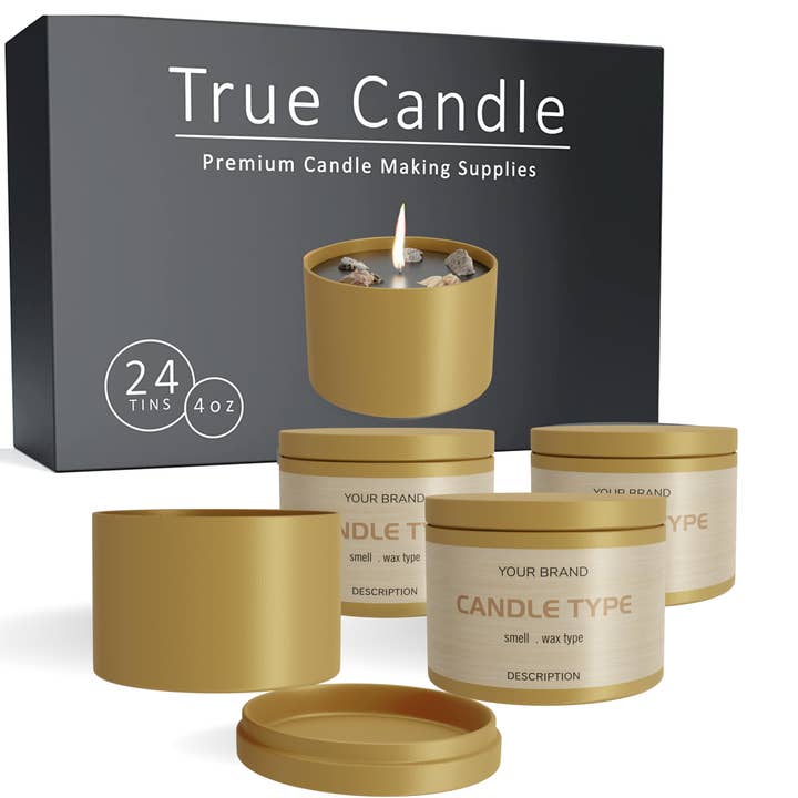 True Candle - Wholesale Candle Holder - True Candle 24 4oz Candle tins - Gold