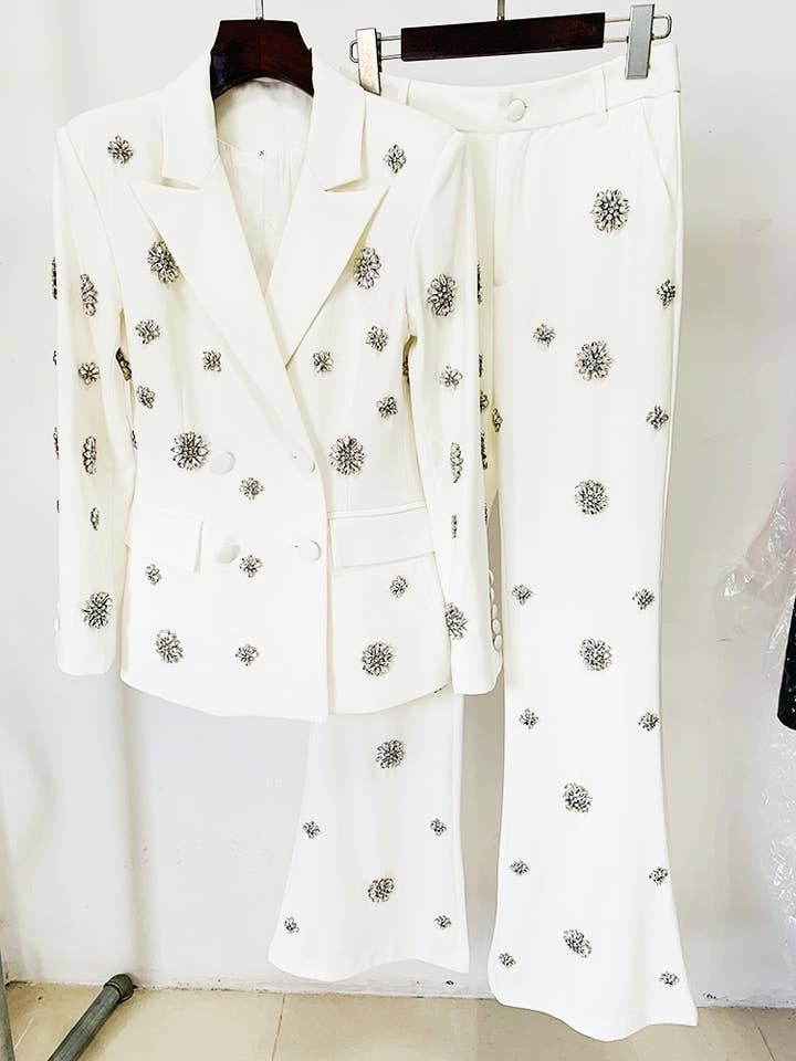White SET8-11Y Diamond Beaded Suit Jacket & Flared Trousers Set for wholesale on Faire