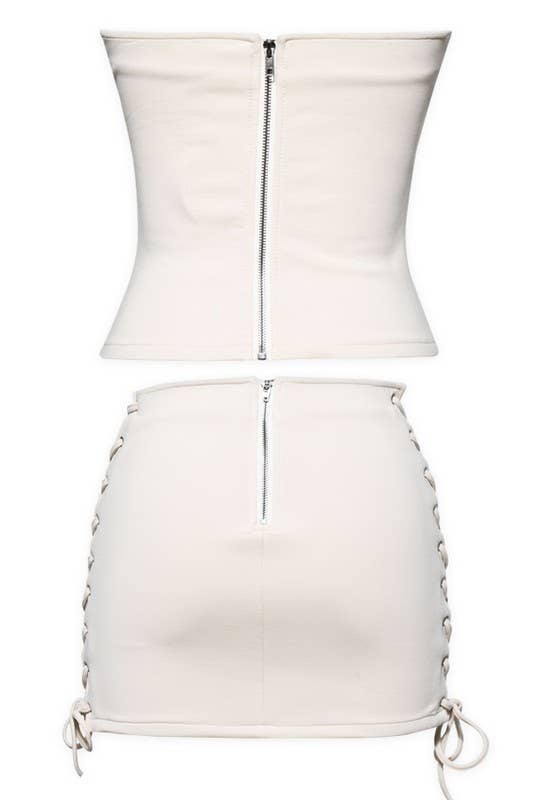 Beige Laced Obsession Strapless Corset and Mini Skirt Set for wholesale on Faire8