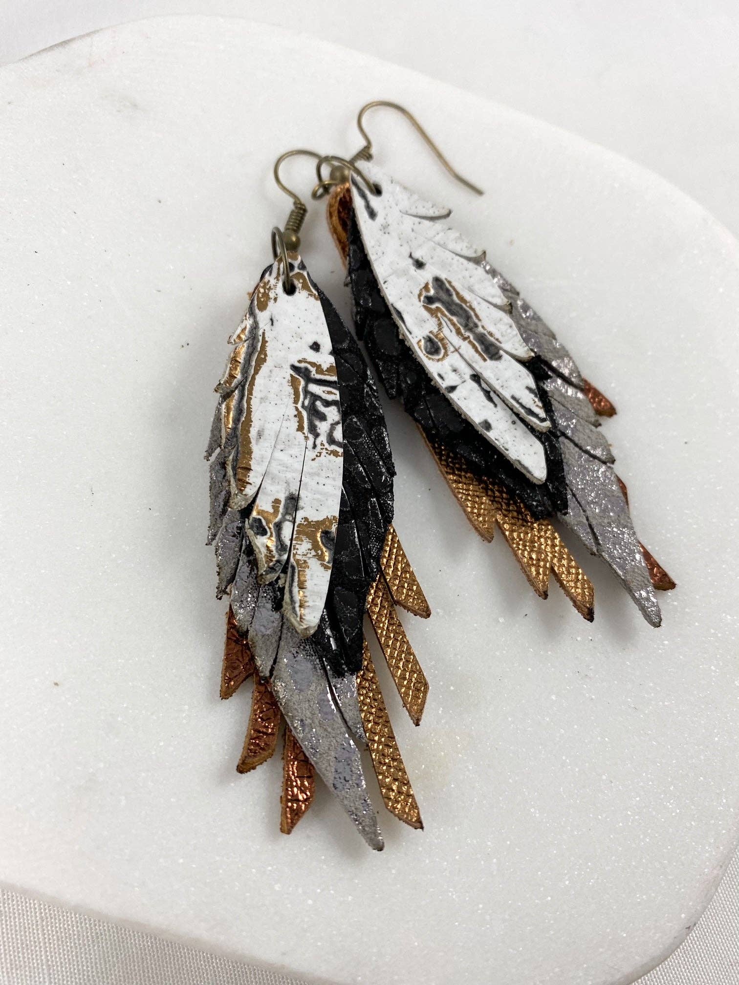 Anabelle+Oak - Wholesale Dangle Earrings - Bronze & Gunmetal Mini Feathers | handmade leather earrings2