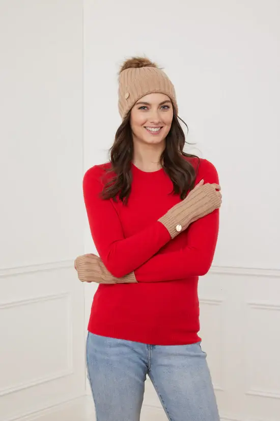 Knitwear Queen - Vente Bonnet – femme - Bonnet à pompon côtelé Ava - Fausse fourrure2