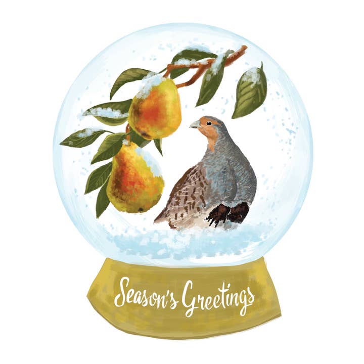 RHO-9138 Partridge Pear Tree Snowglobe - Greetings Postcard for wholesale by Rigel Paper