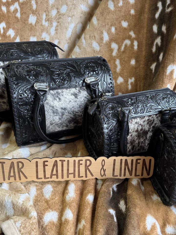 Black Tooled Leather Stephanie Cowhide Speedy Purse for wholesale by Broads Market