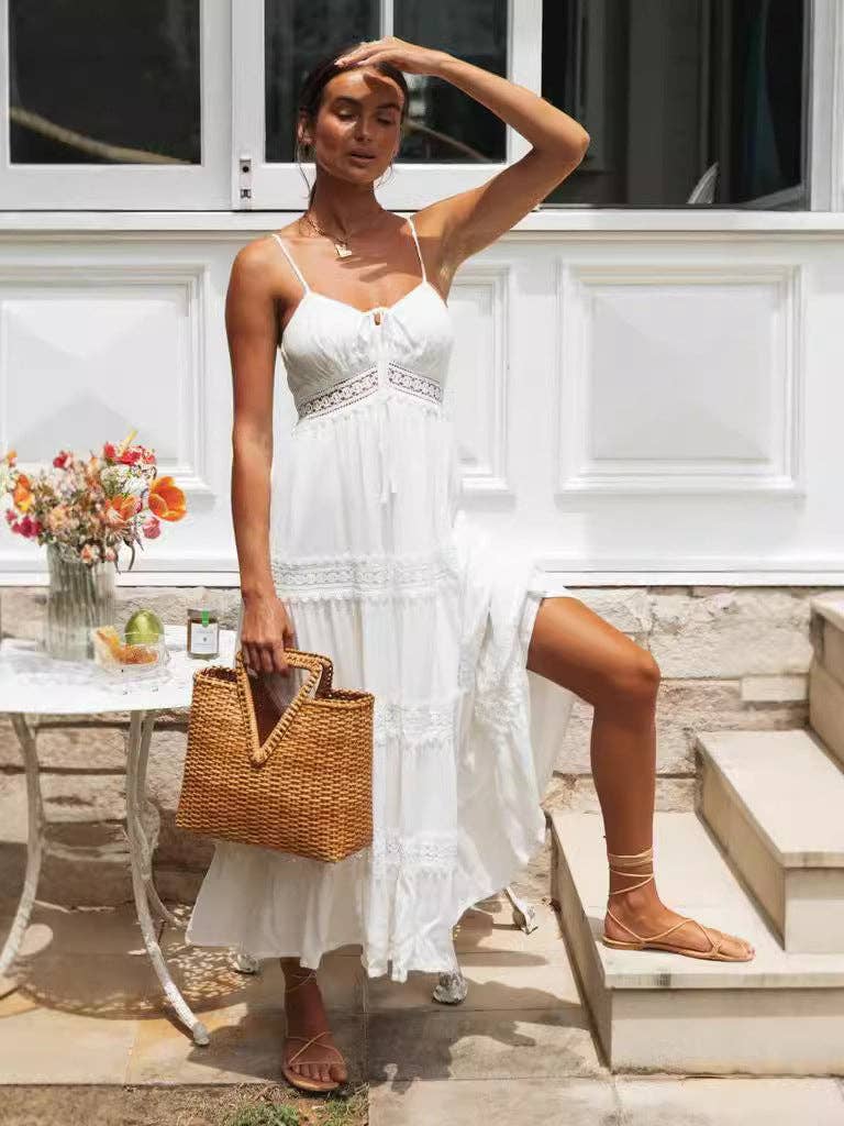 Vit Ny Boho Klänning för Kvinnor med Spetsdetaljer och Stor Slitskjol för wholesale på Faire3