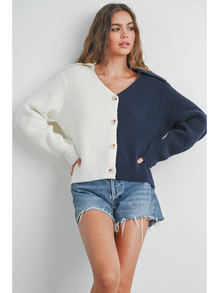 IVORY NAVY Two Tone V-Neck Cardigan - BMW7390 for wholesale on Faire5