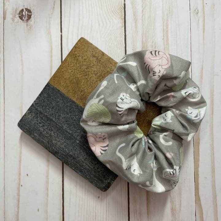 Light Gray with Cats Handmade Scrunchie for wholesale by QuietJoy