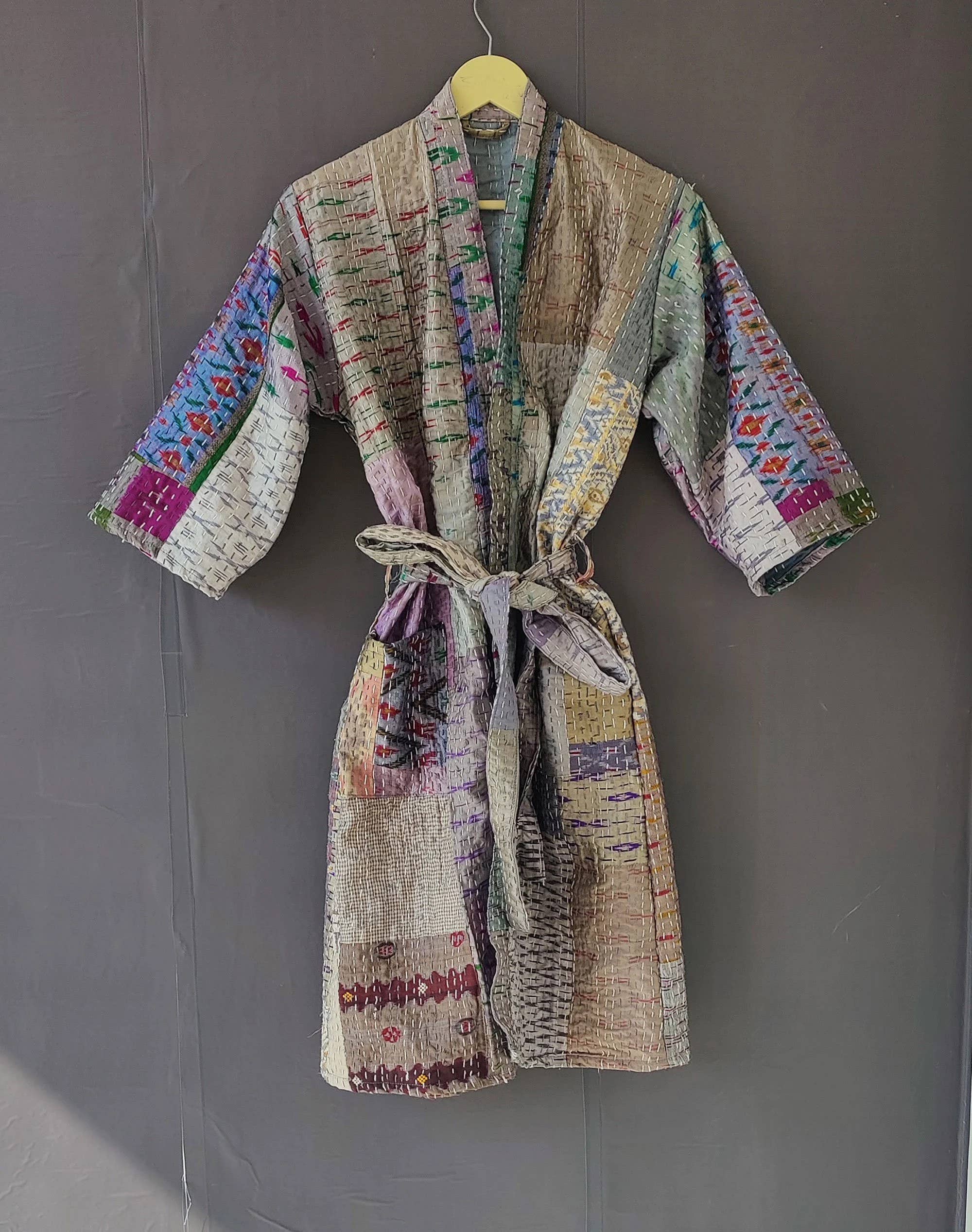 bhavnas boutique - Wholesale Robe - Women's - Silk Gray patola Kantha Quilt Jacket Women Bath Robe2