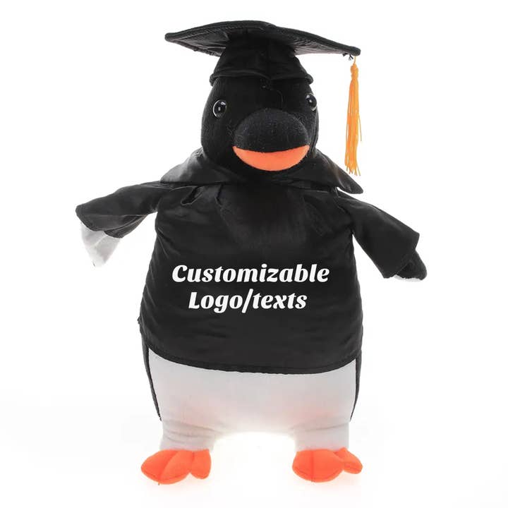 11" Customizable Graduation Penguin Plush in Cap & Gown for wholesale by Plushland