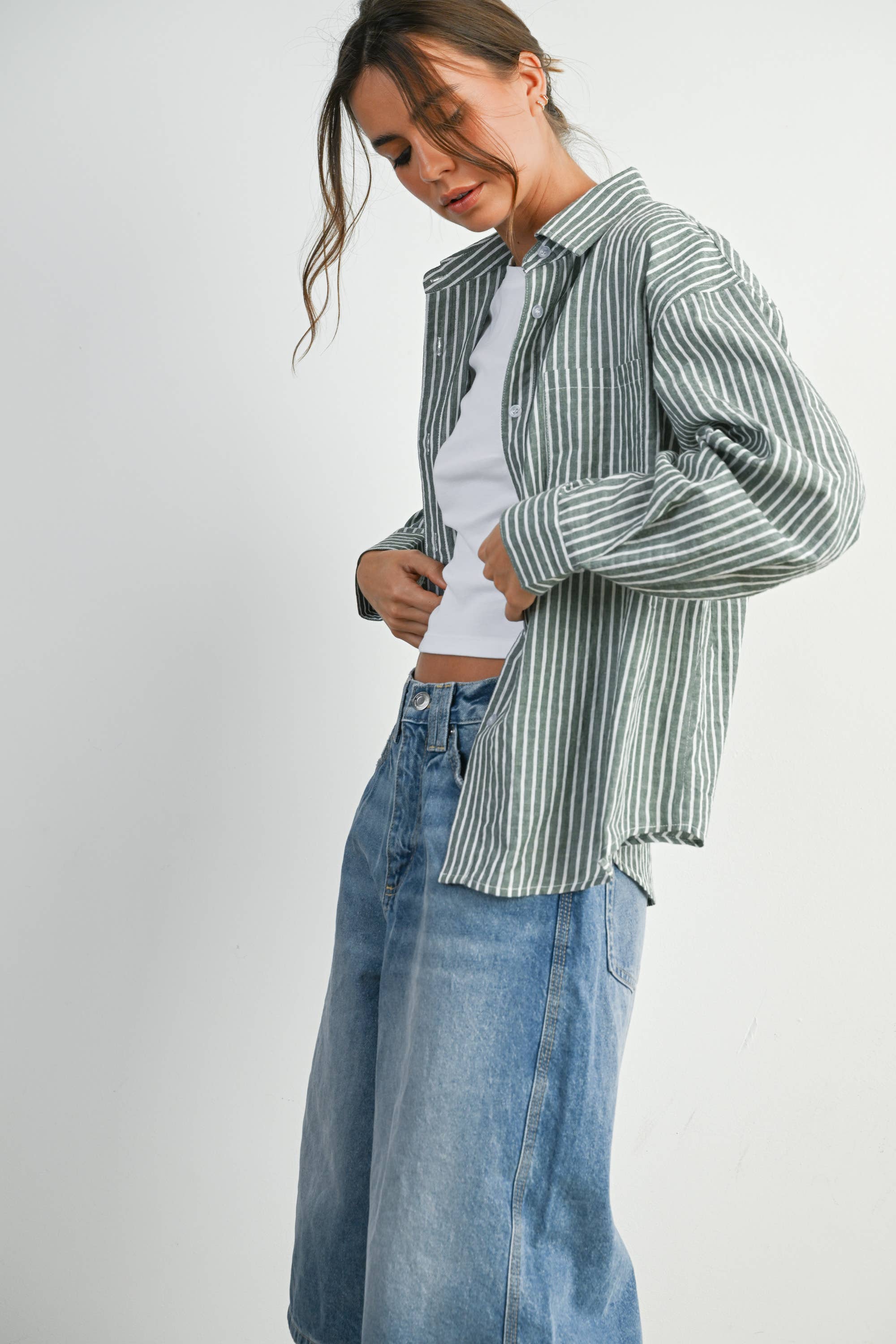 BUTTERMELON - Vente Chemise à col boutonné – femme - Haut à manches longues à rayures et col boutonné raccourci - BMT791545