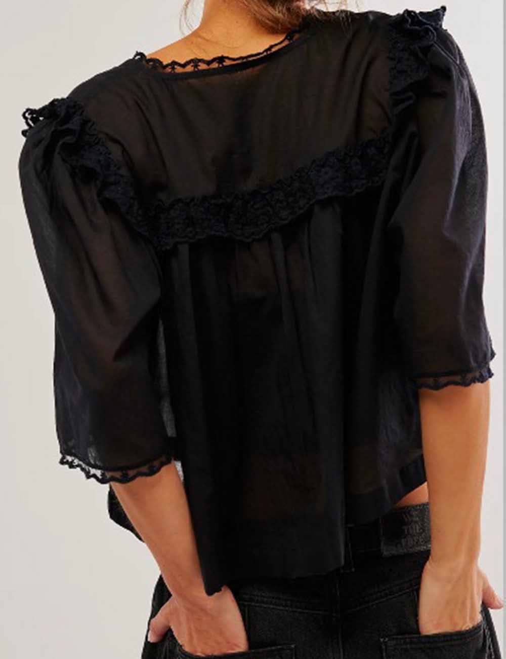 Sweetkama - Vente Chemisier – femme - Blouse en dentelle à manches courtes avec col Claudine pour femme14